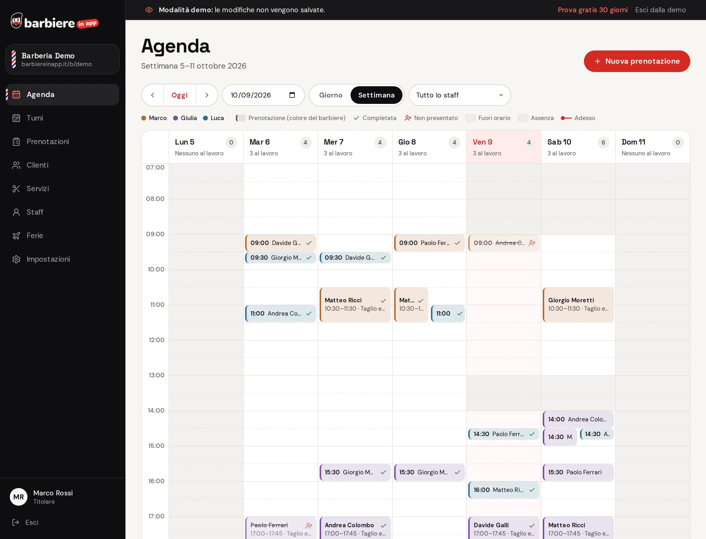 Agenda della settimana nel gestionale, con tutte le prenotazioni dei giorni
