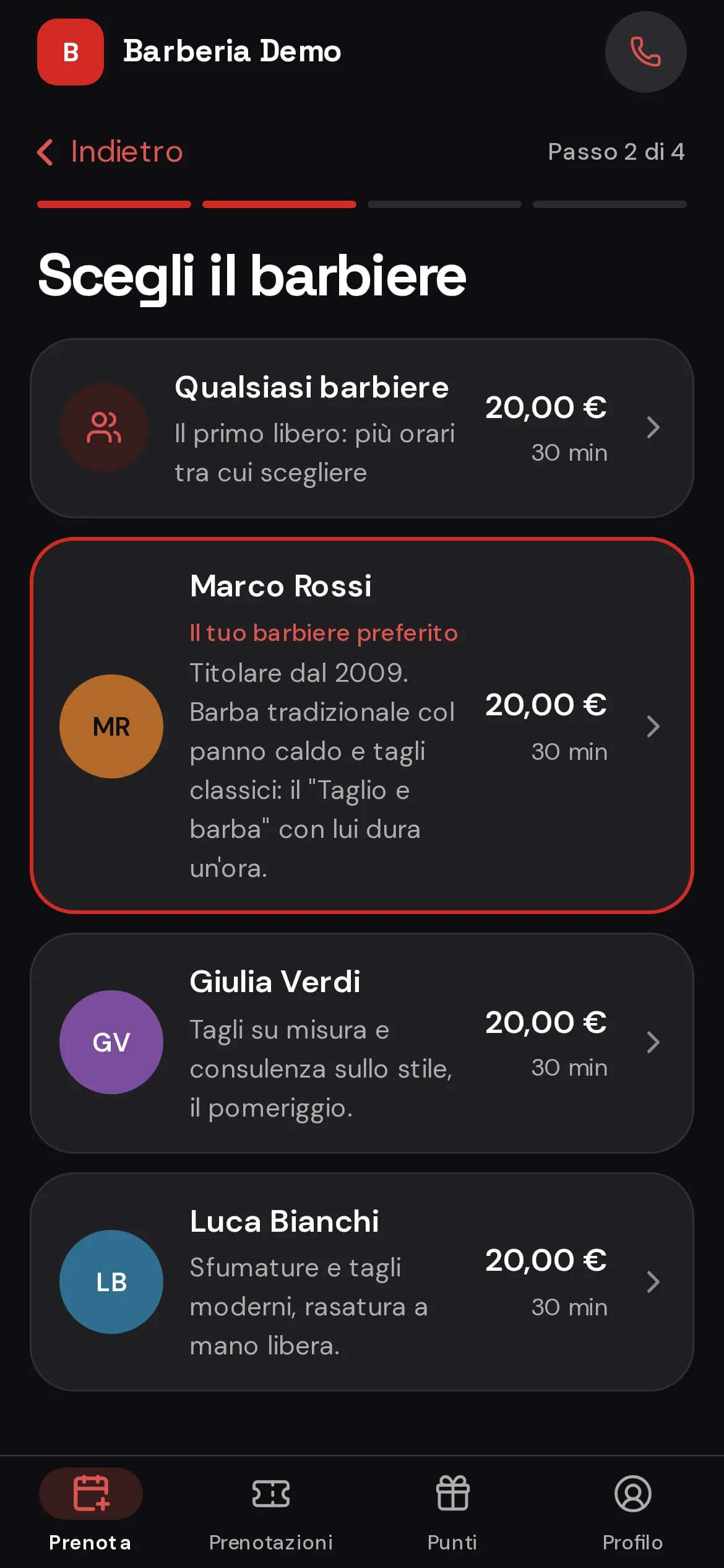 Scelta del barbiere nell’app dei clienti, con foto e prezzo di ciascuno