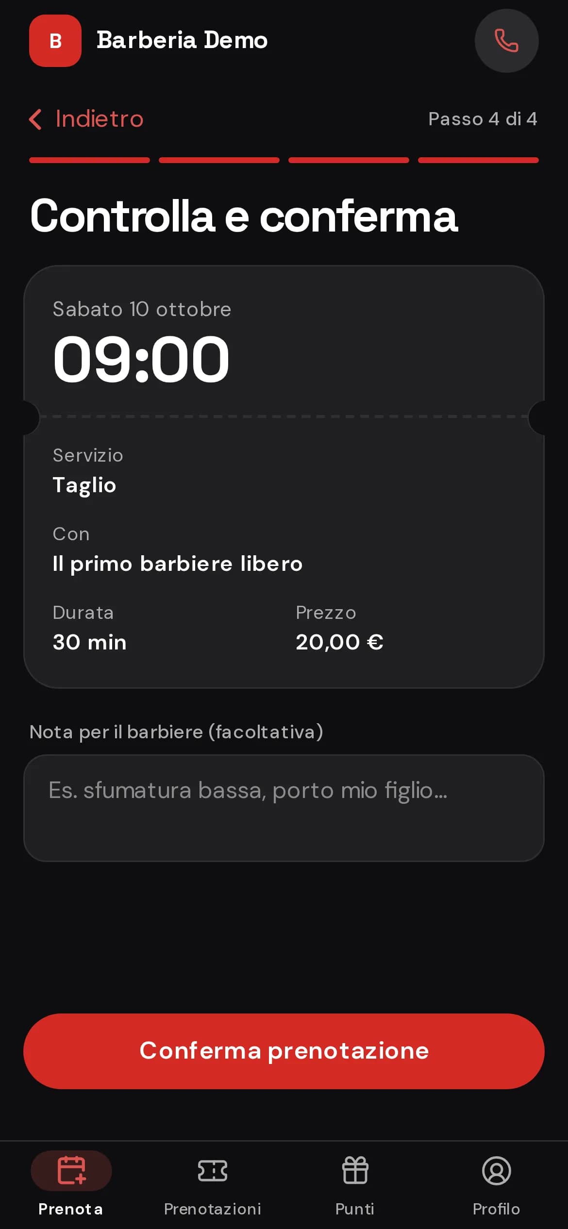 Riepilogo della prenotazione prima di confermare, nell’app dei clienti