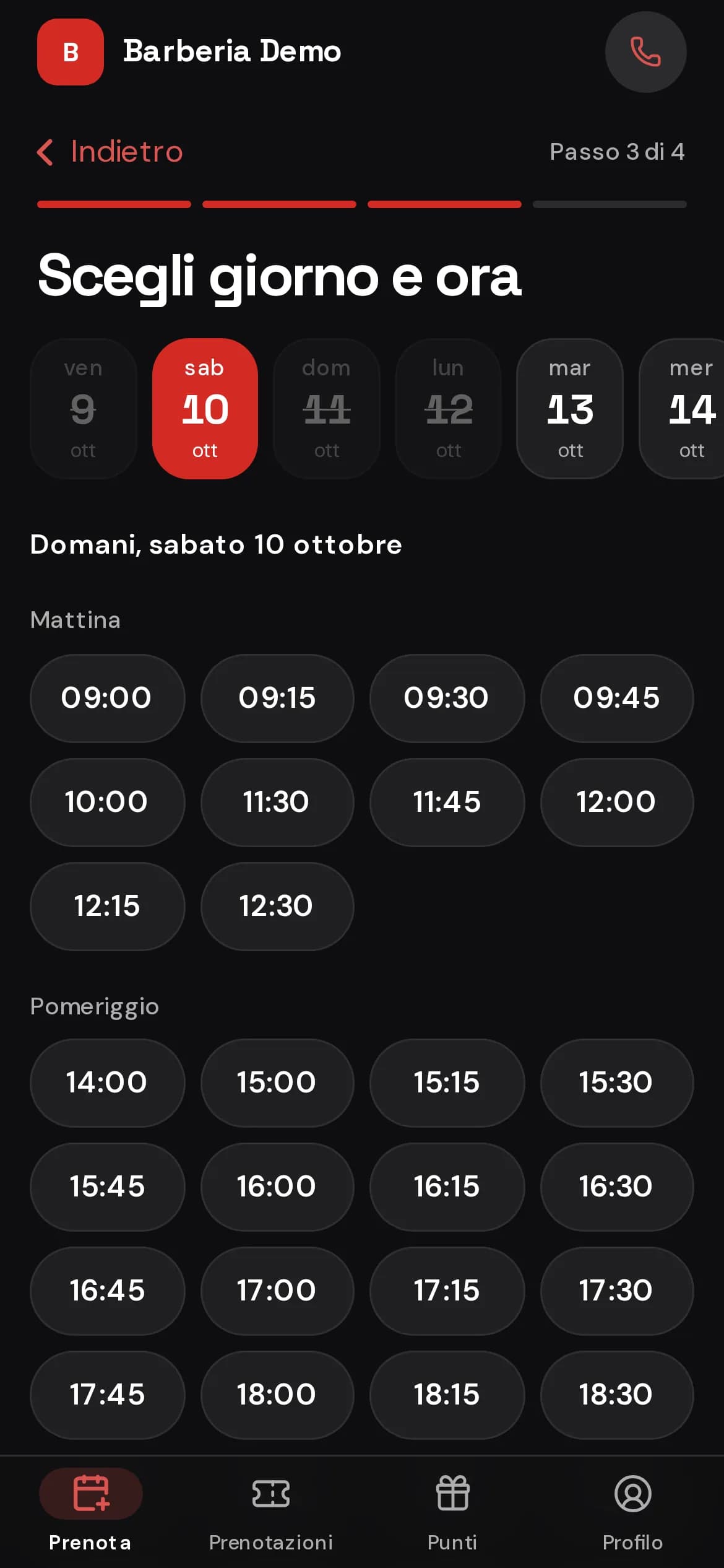 Scelta di giorno e orario libero nell’app dei clienti