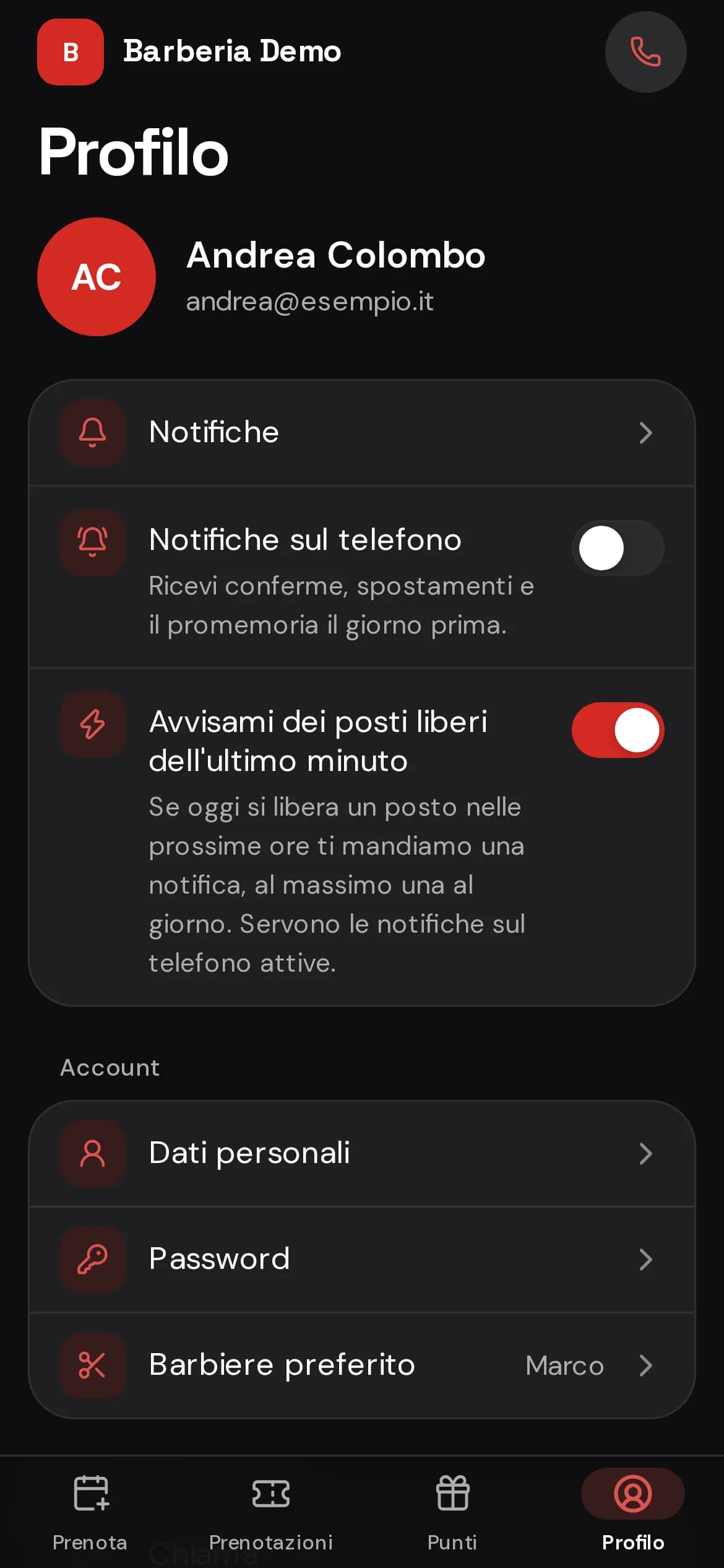 Profilo del cliente con i dati, le notifiche e il barbiere preferito