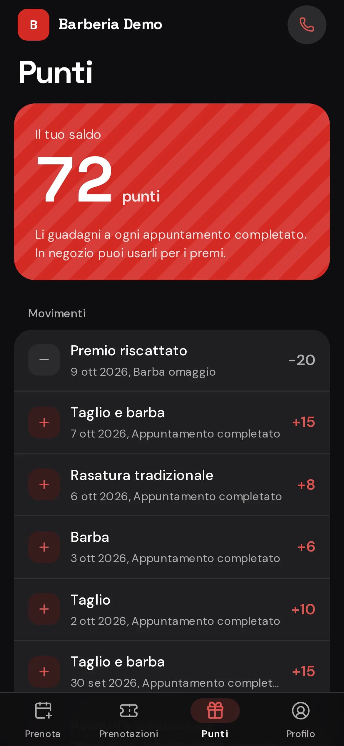 Punti fedeltà del cliente con i premi da riscattare