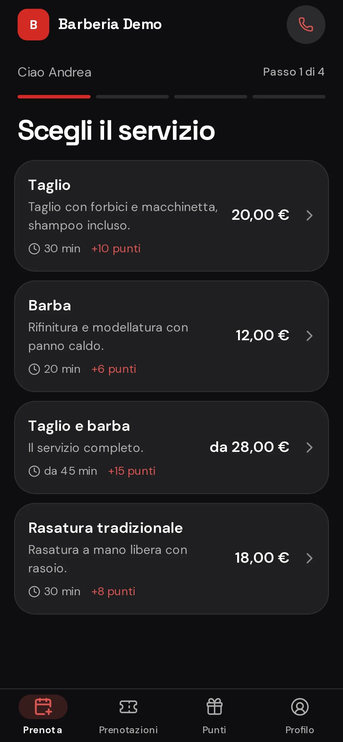 Scelta del servizio nell’app dei clienti, con durata e prezzo