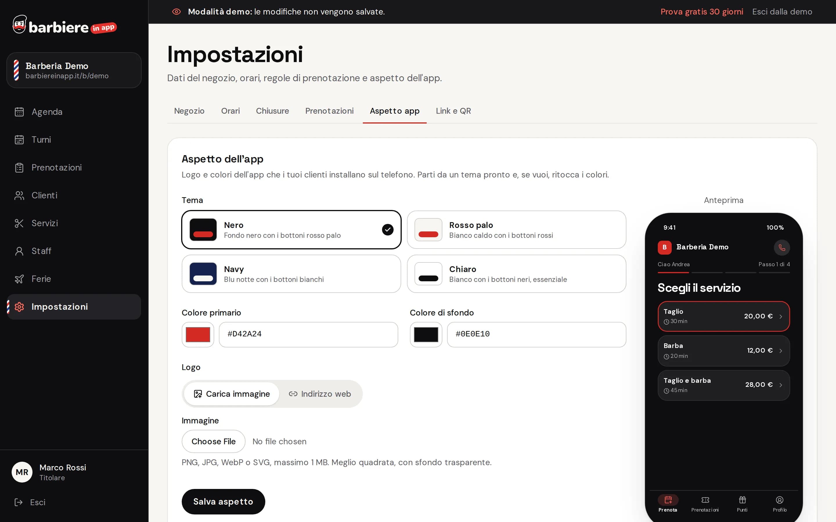Impostazioni dell'aspetto dell'app: colori, logo e anteprima sul telefono