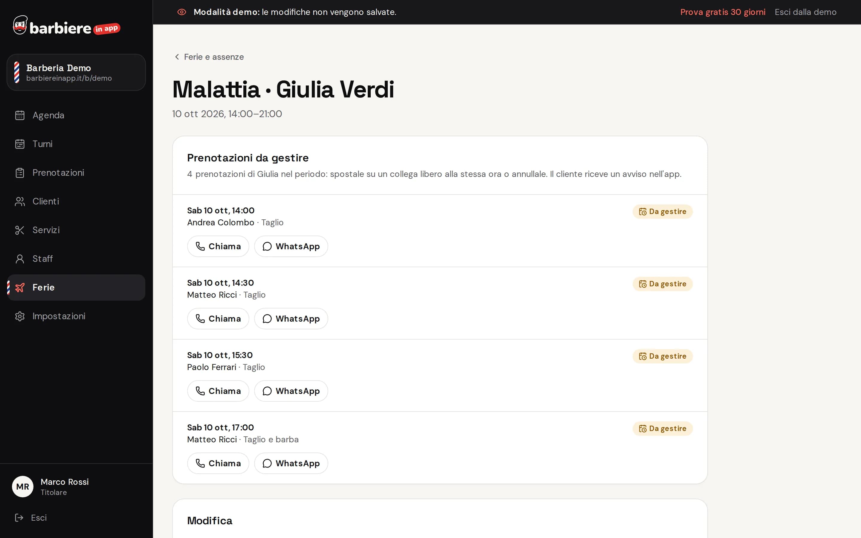 Un'assenza per malattia nel gestionale, con le prenotazioni da gestire una per una