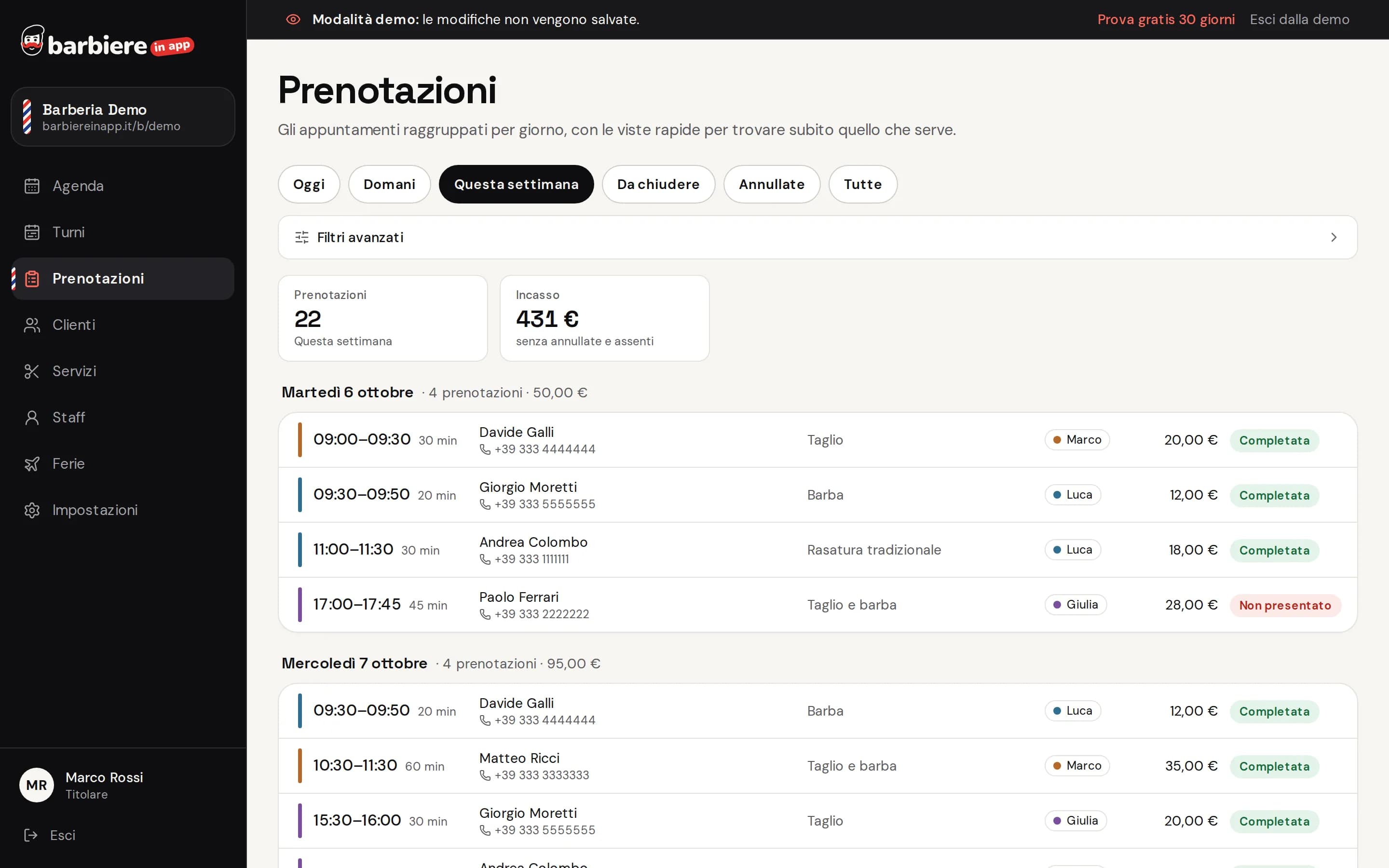Elenco delle prenotazioni della settimana, raggruppate per giorno