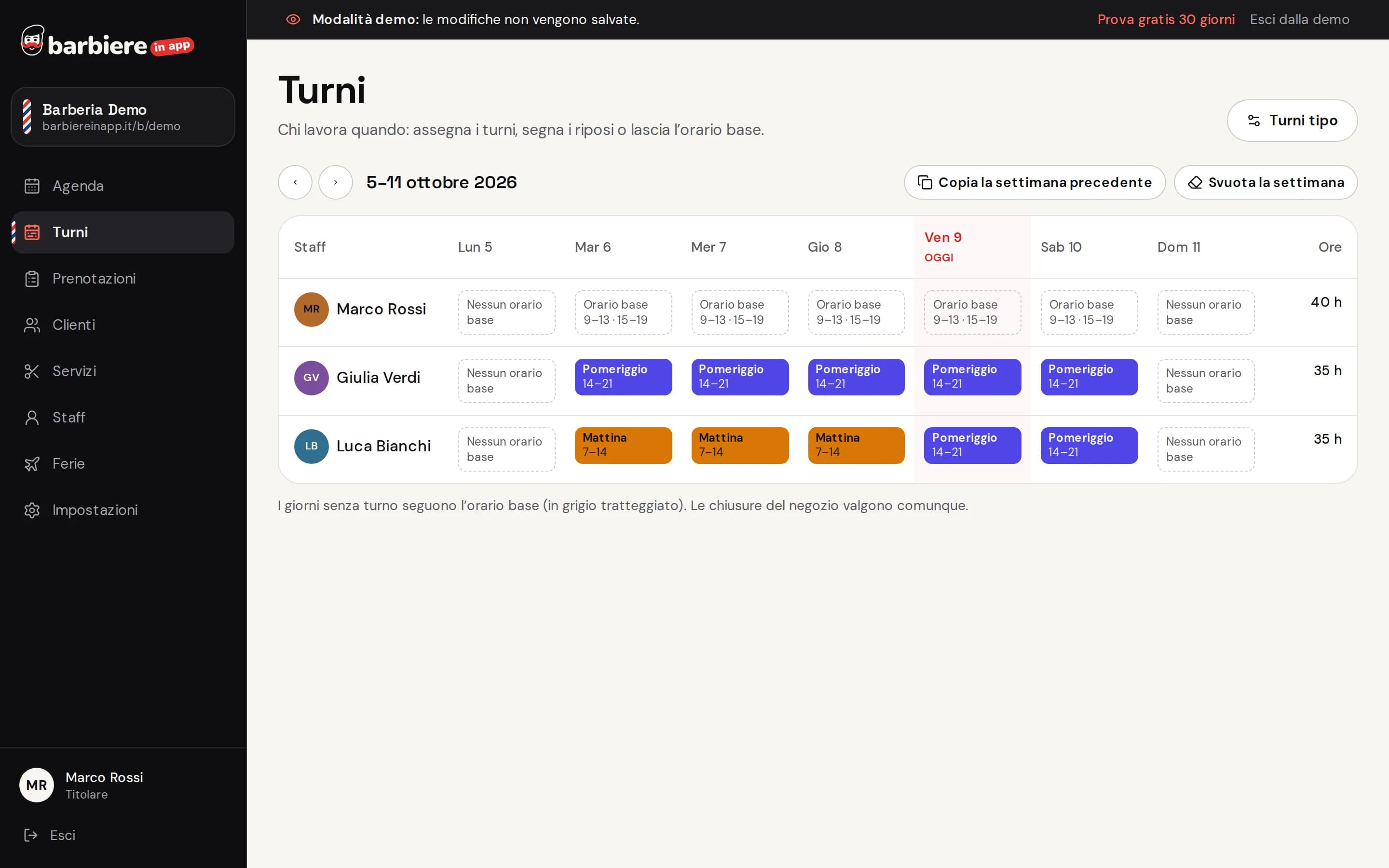 Turni della settimana nel gestionale: chi lavora, quando e dove